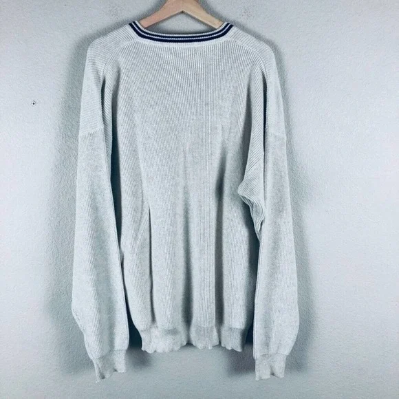 EDDIE Bauer Sweater Cream Knit Varsity Stripe V Pullover Casual Sz X Large Tall - Picture 12 of 13